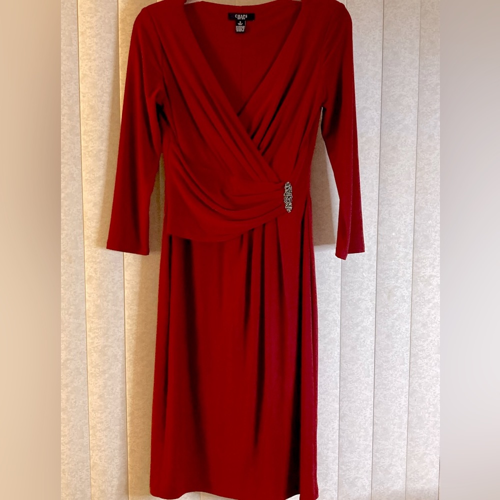 Chaps Women’s Burgundy Faux Wrap V-Neck Stretch Dress
